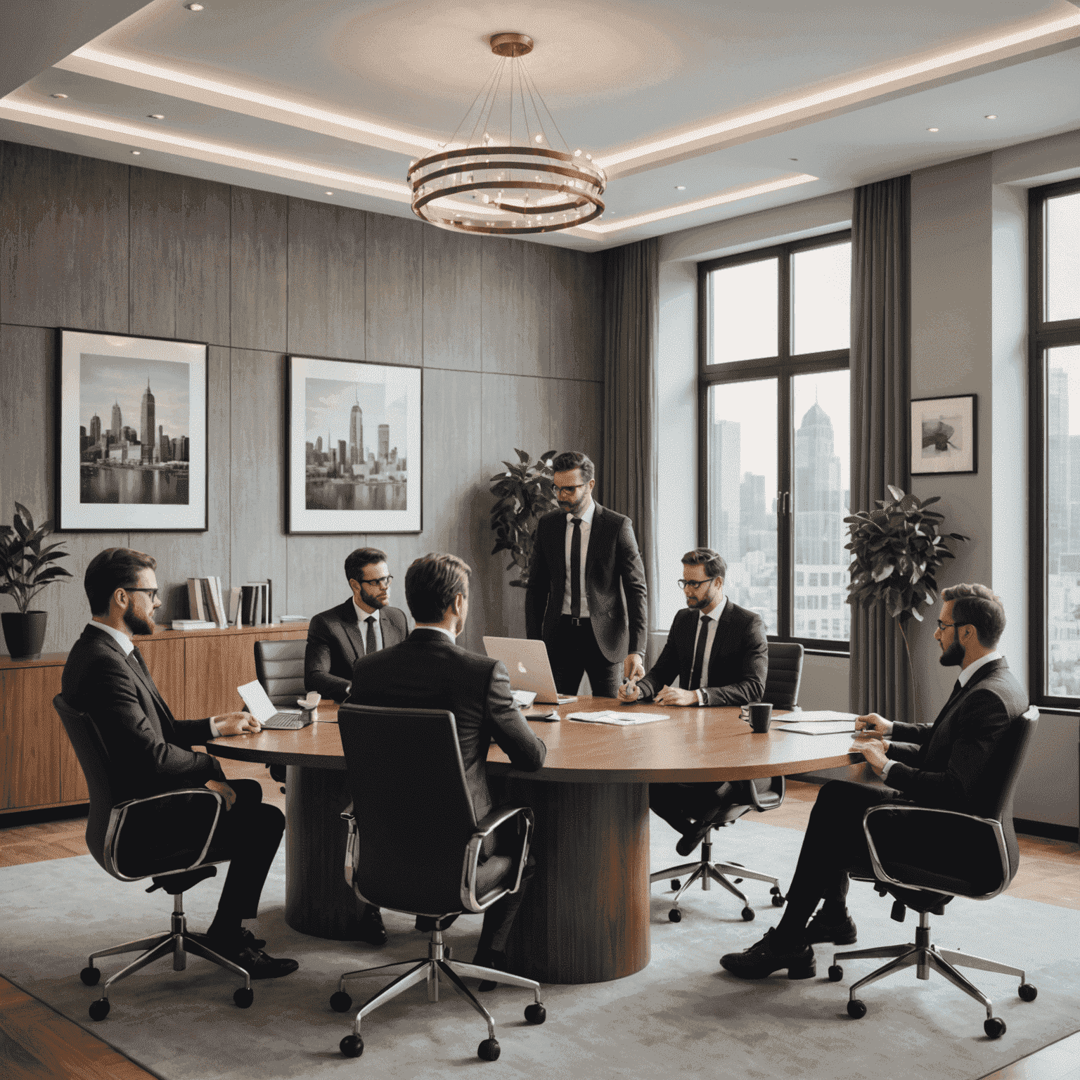 Equipo de abogados especializados en derecho inmobiliario trabajando juntos en una sala de conferencias moderna