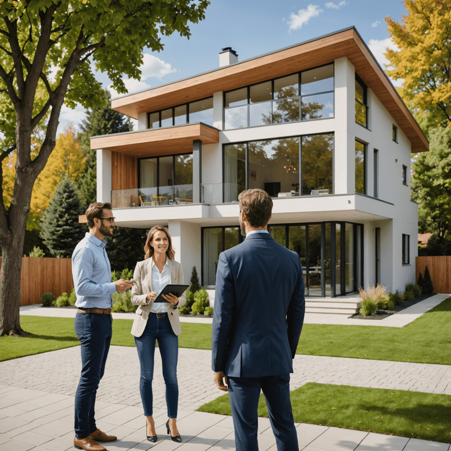 Imagen de una moderna casa en venta con un agente inmobiliario mostrando la propiedad a una pareja interesada