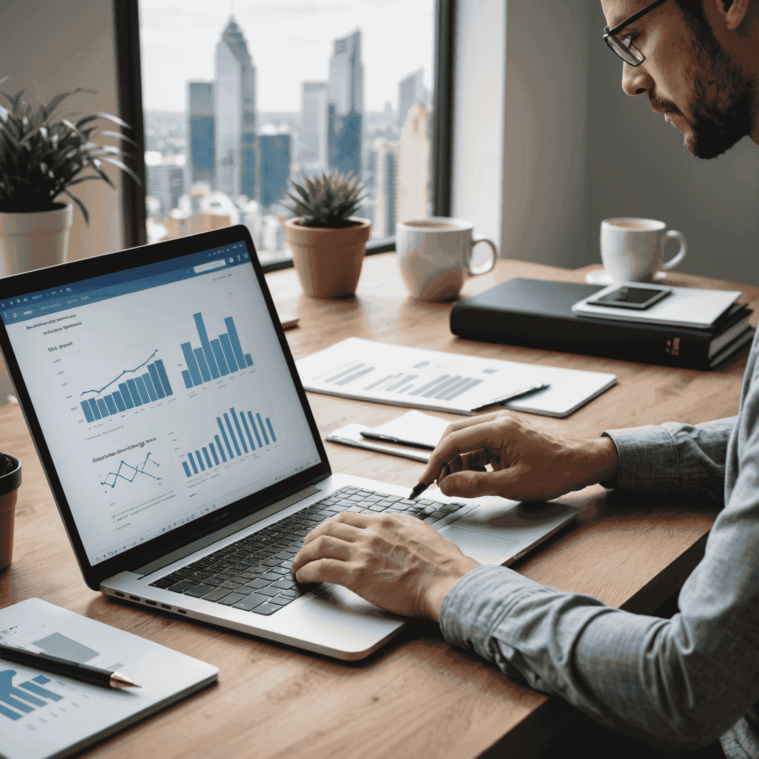 Imagen de una persona trabajando en una computadora portátil, analizando gráficos de marketing digital y redes sociales para promocionar propiedades inmobiliarias